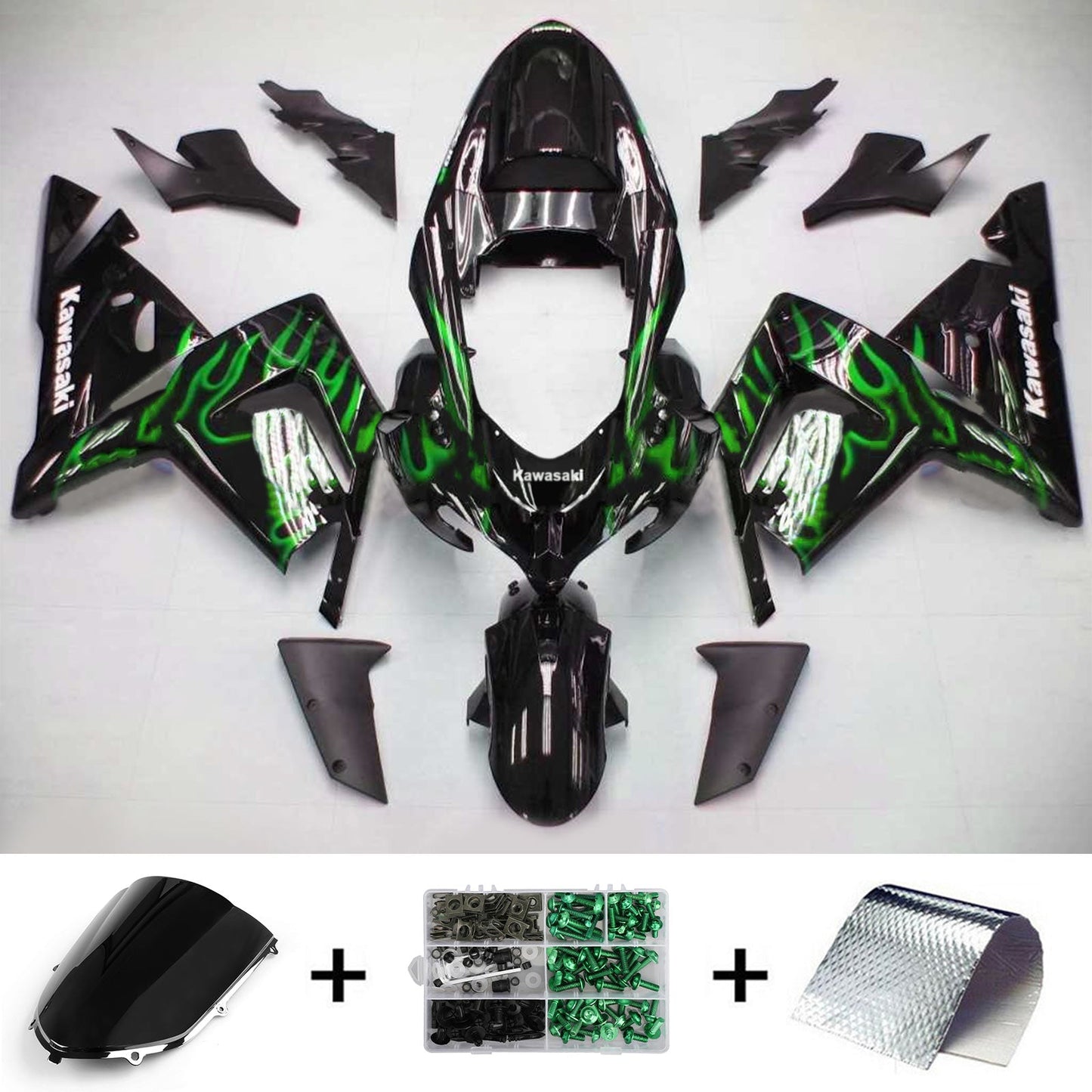 Amotopart Kawasaki 2004-2005 ZX10R Schwarz mit Green Line Abzugskit