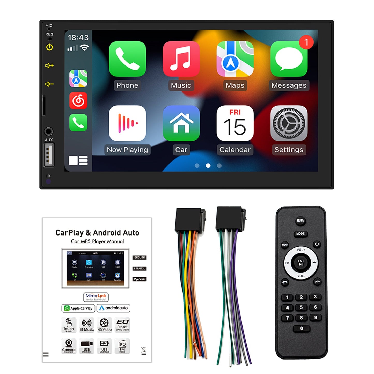 7" verkabelter Carplay-Auto-MP5-Player Bluetooth MP3-Autokartenradio + 4 LED-Kamera