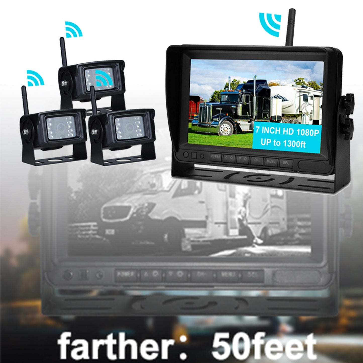 7-Zoll-Display AHD 1080P Wireless 3CH Rückfahrkamera-Set für LKW-Anh?nger