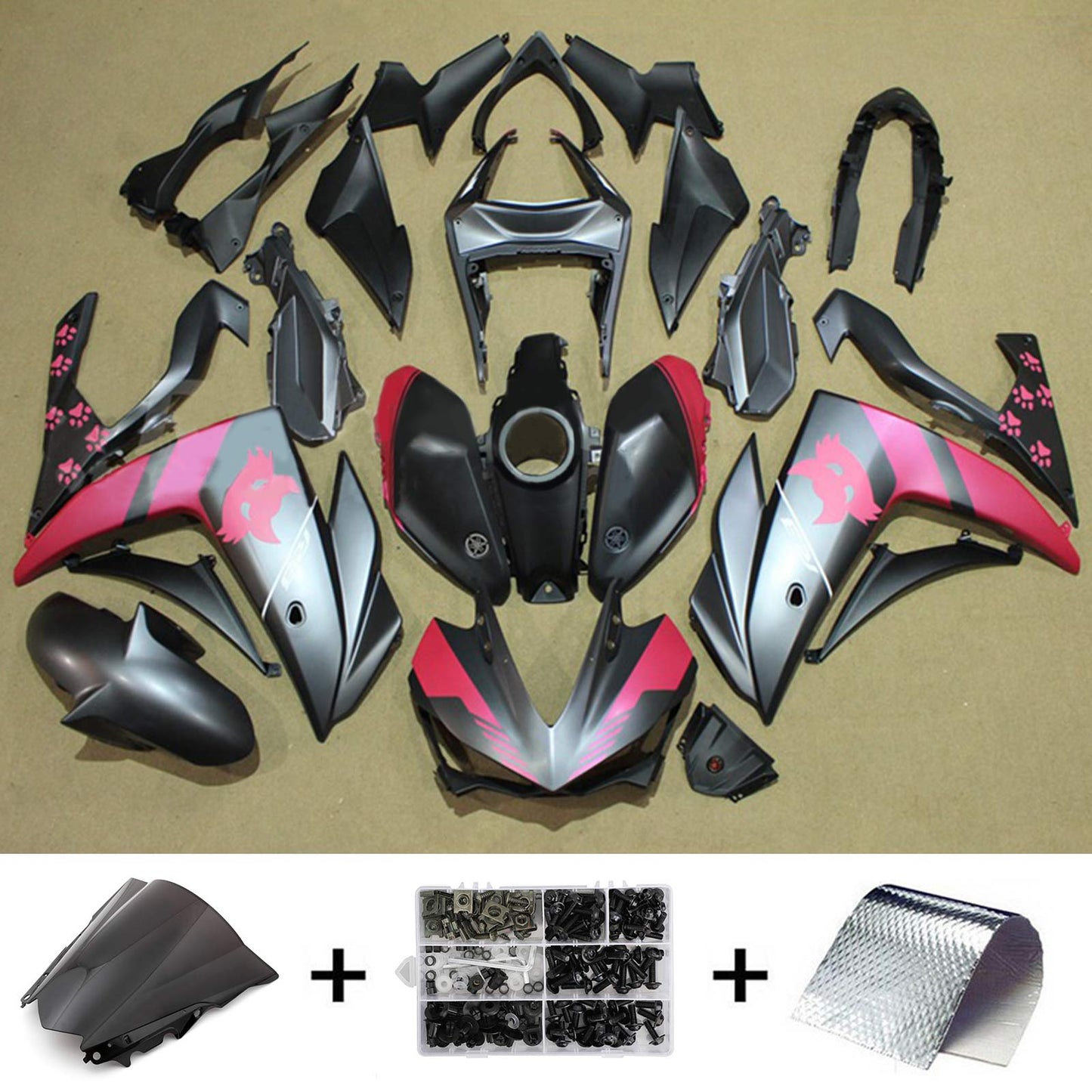 Amotopart-Verkaufskit Yamaha 2014-2018 YZF R3 & 2015-2017 YZF R25 Black Pink Fairing Kit