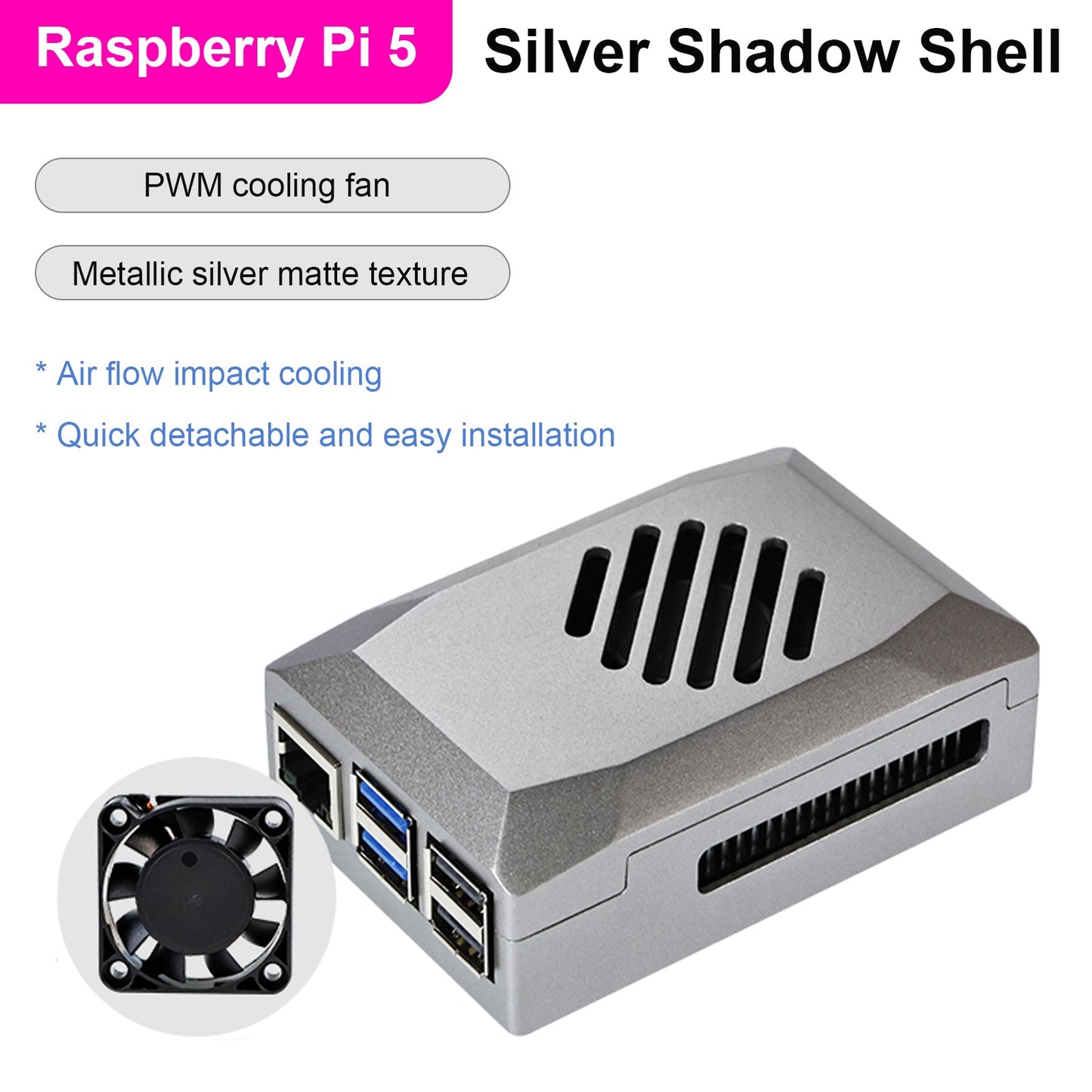 Silver Shadow Shell Raspberry pi5 Schutzbox, ABS-Material, Drehzahlregelung, Lüfter