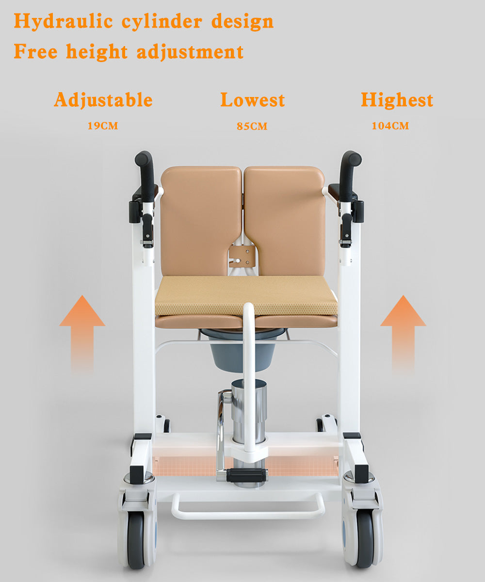 Patientenstuhl, hydraulischer Hubrollstuhl mit um 180° geteiltem Sitz und Tisch