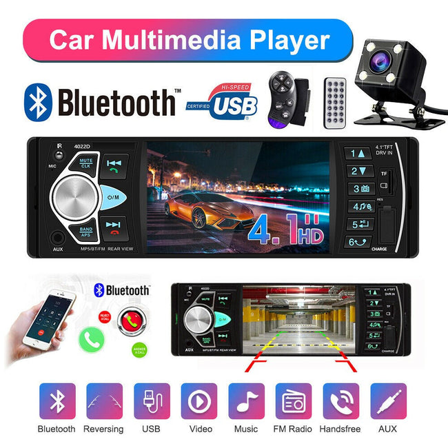 1Din 4.1in Autoradio Stéréo Bluetooth FM USB Aux Audio Lecteur MP5 + Caméra