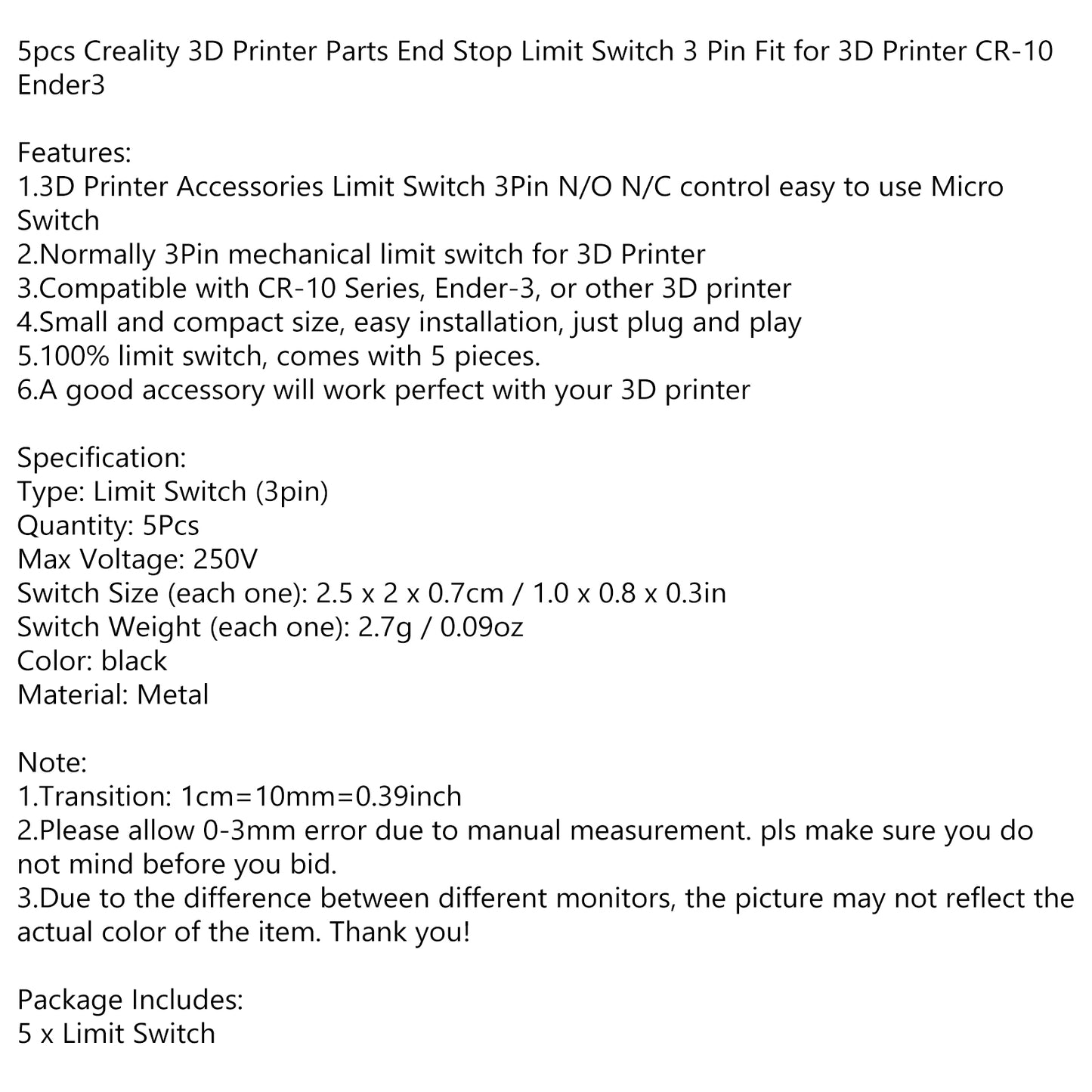 5 pièces imprimante 3D interrupteur de fin de course fin de course interrupteur de fin de course 3 broches pour CR-10 Ender3