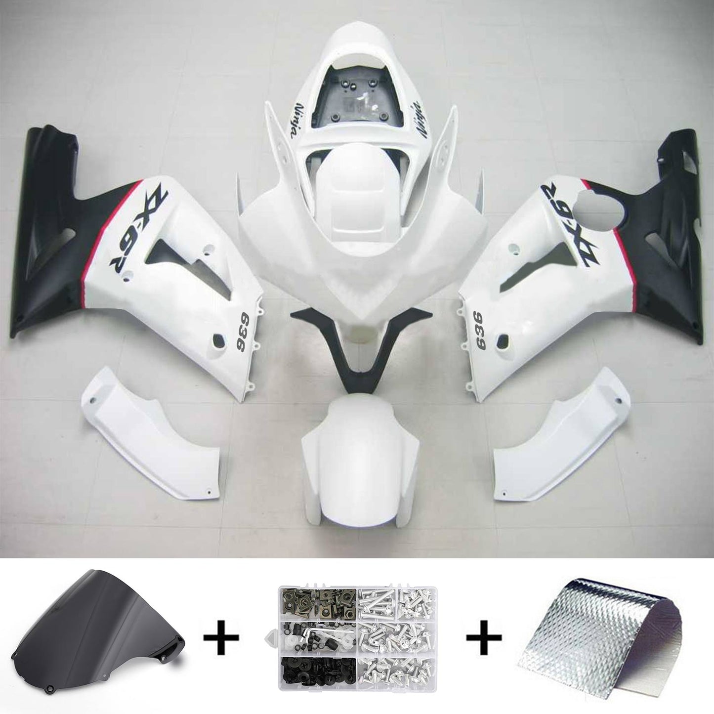 Amotopart 2003-2004 Kawasaki ZX6R 636 White Black Fearing Kit