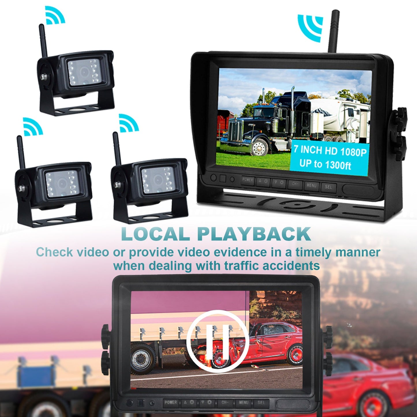 7-Zoll-Display AHD 1080P Wireless 3CH Rückfahrkamera-Set für LKW-Anh?nger