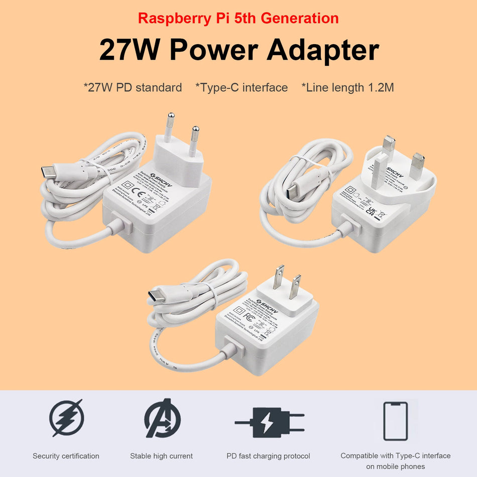 Raspberry Pi 5 Netzteil, USB-C-Schnittstelle, 27 W Leistung, 5 V, 5 A, voller Strom