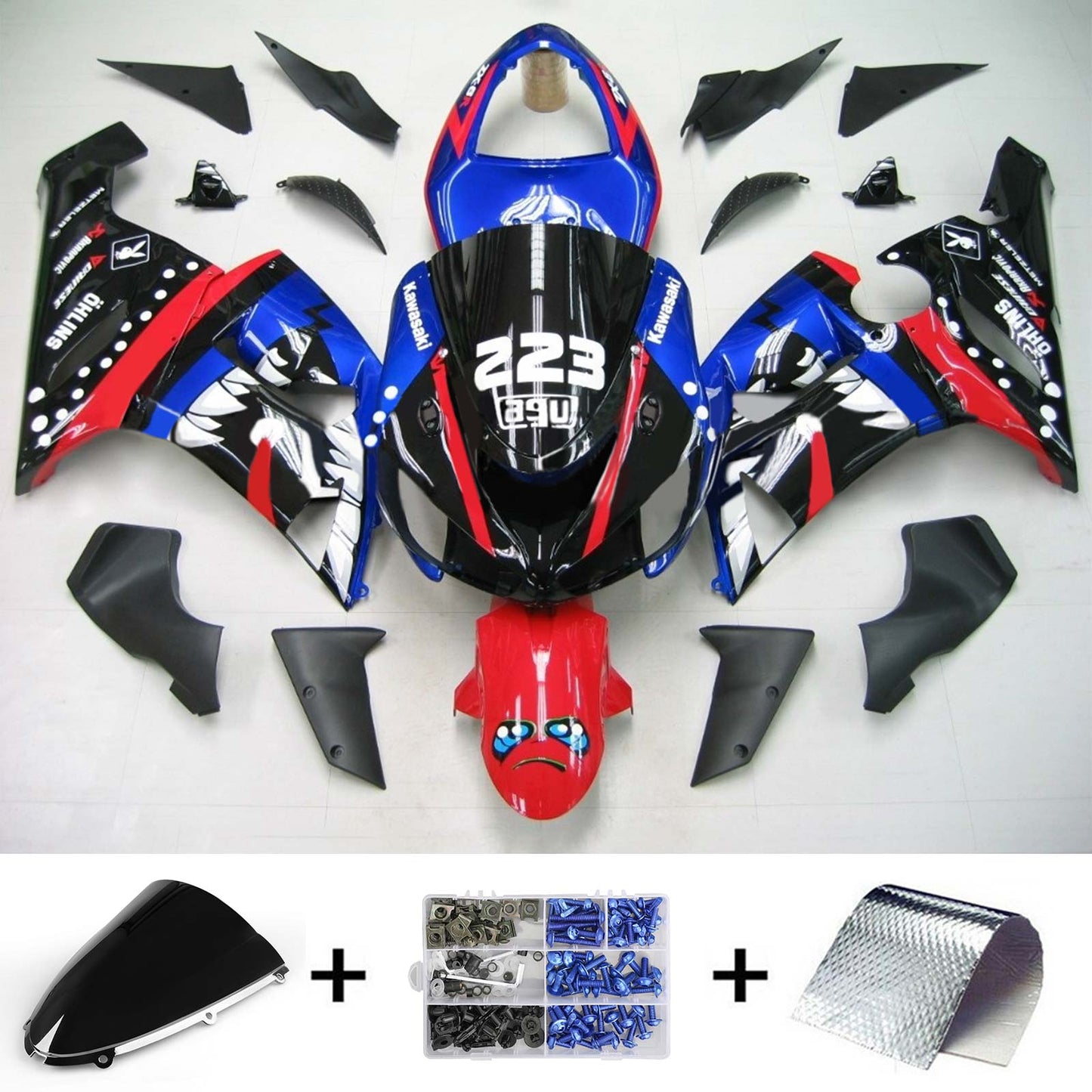 Amotopart Kawasaki 2005-2006 ZX6R 636 Kit de déclencheur de dessin animé bleu noir