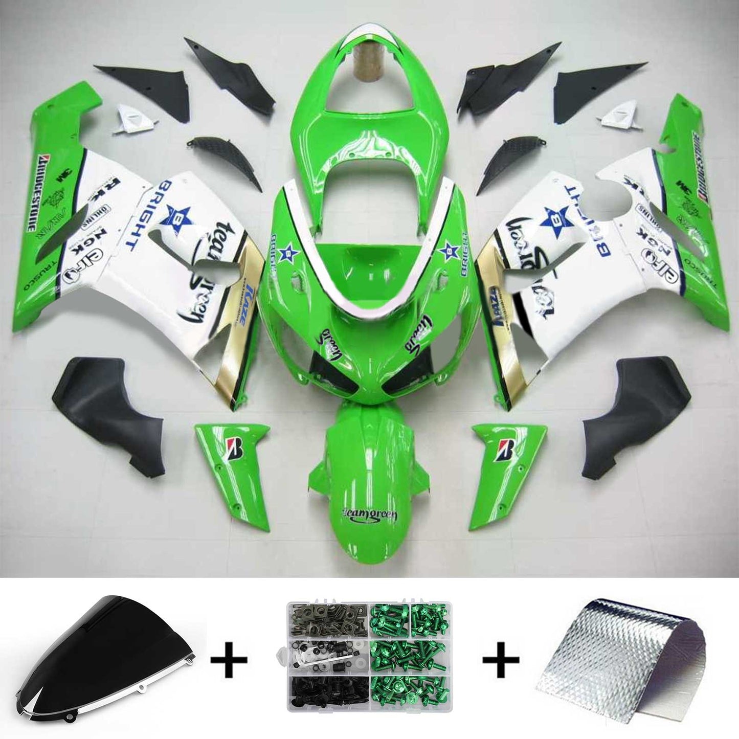 Amotopart Kawasaki 2005-2006 ZX6R 636 Green White Fairing Kit