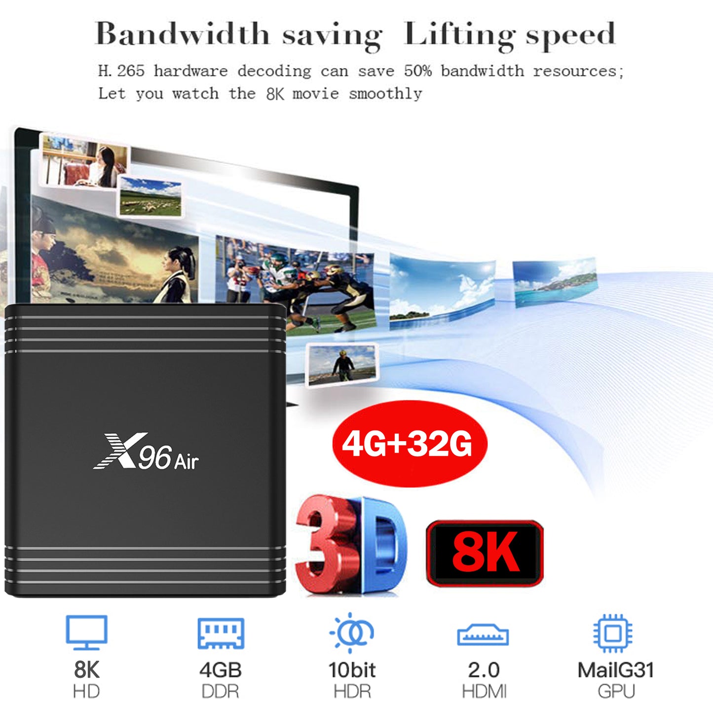 X96Air Android 9 32GB ROM 4GB RAM 8K WIFI Network Media Player TV BOX EU Plug