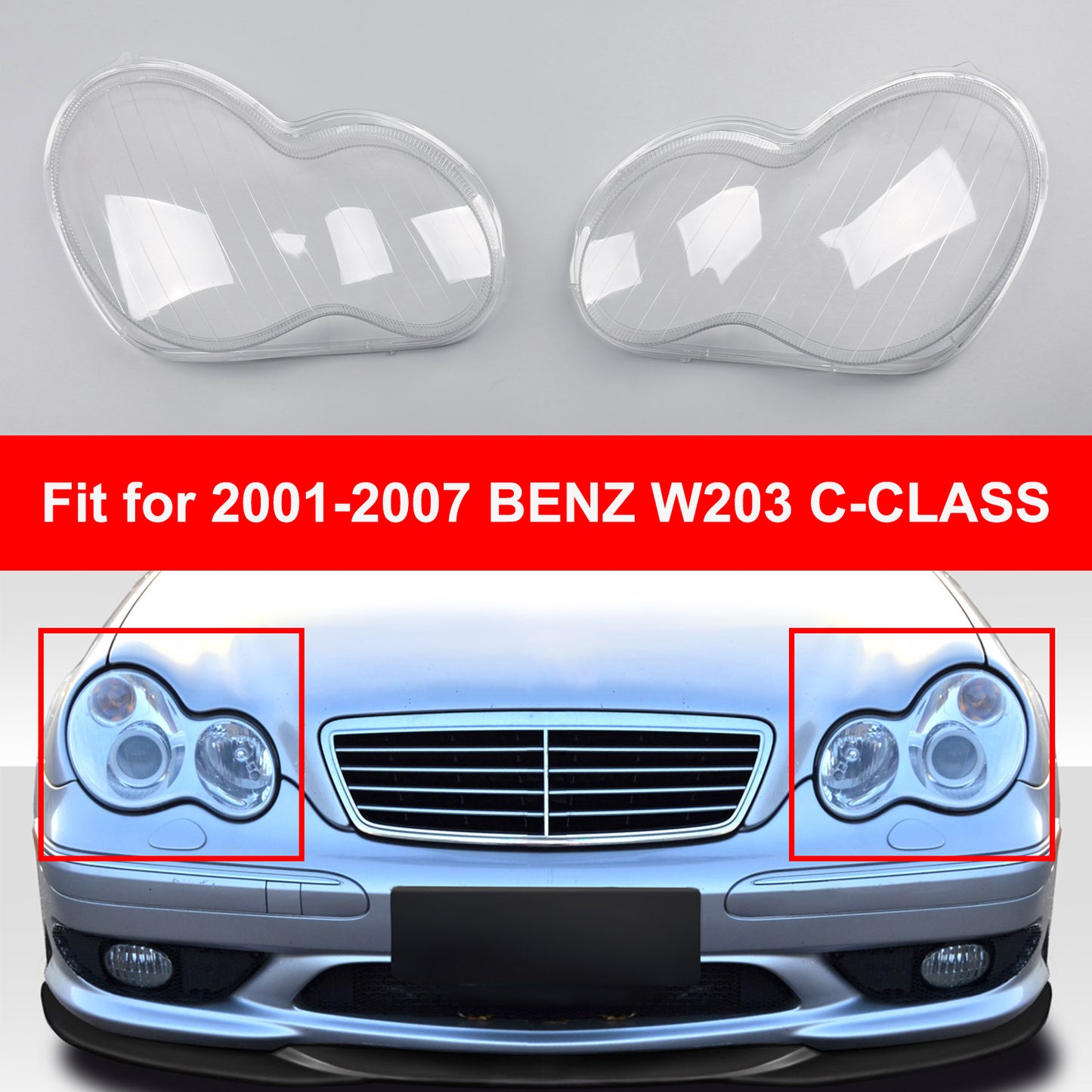 Couvercle en plastique de coque en verre de phare gauche + droite pour 2001-2007 Benz W203 Classe C