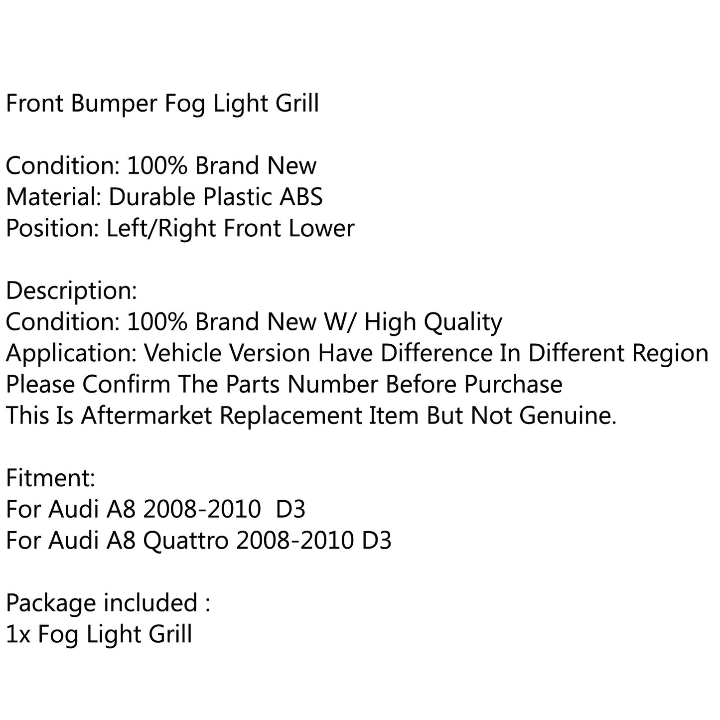 Grille antibrouillard de calandre de pare-chocs inférieure de voiture en ABS avec placage chromé pour Audi A8 D3 (08-10) Générique