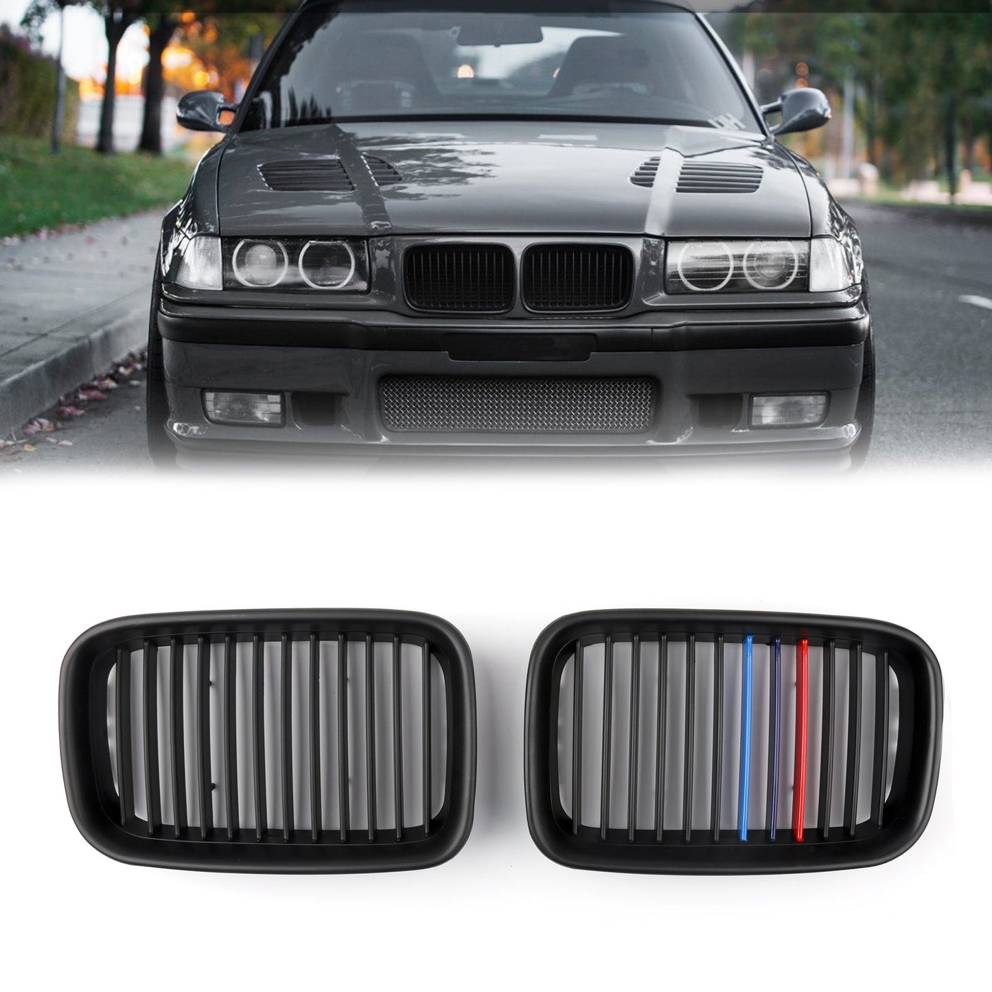 1Pair Matte Black Front Hood Grille Kidney For BMW E36 3 Series M3 (1992-1996)