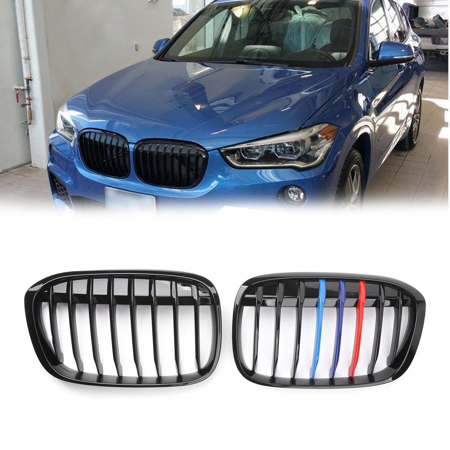 1Pair Gloss Black M-Color Front Kidney Grill Grille For BMW F48 F49 X1 216+