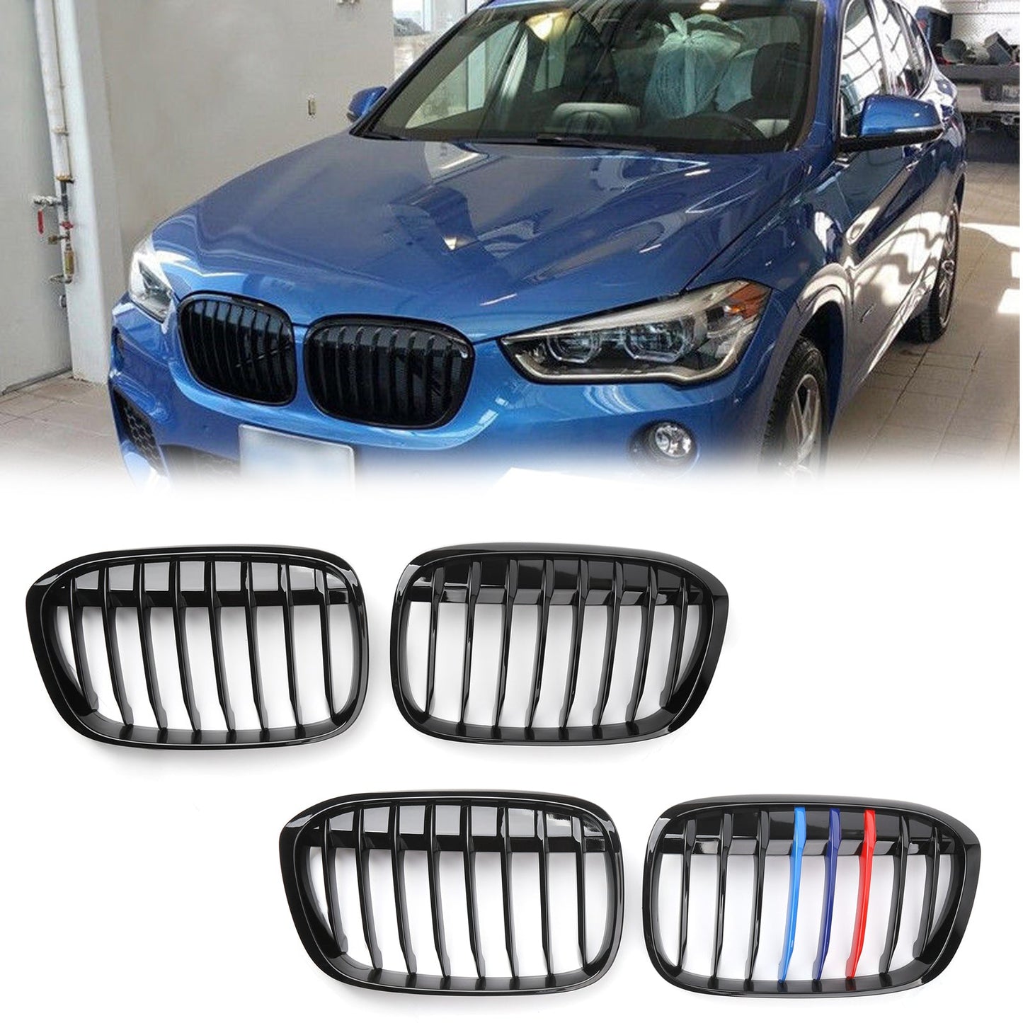 New Pair Front Kidney Grille Grill For BMW 2016+ F48 F49 X1 X-Series Black