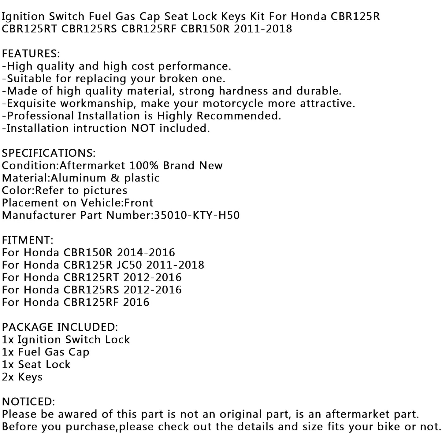 Zündschalter Kraftstoffgasdeckel Sitzverriegelungsschlüssel für Honda CBR150R CBR125R RT 11-18 Generic