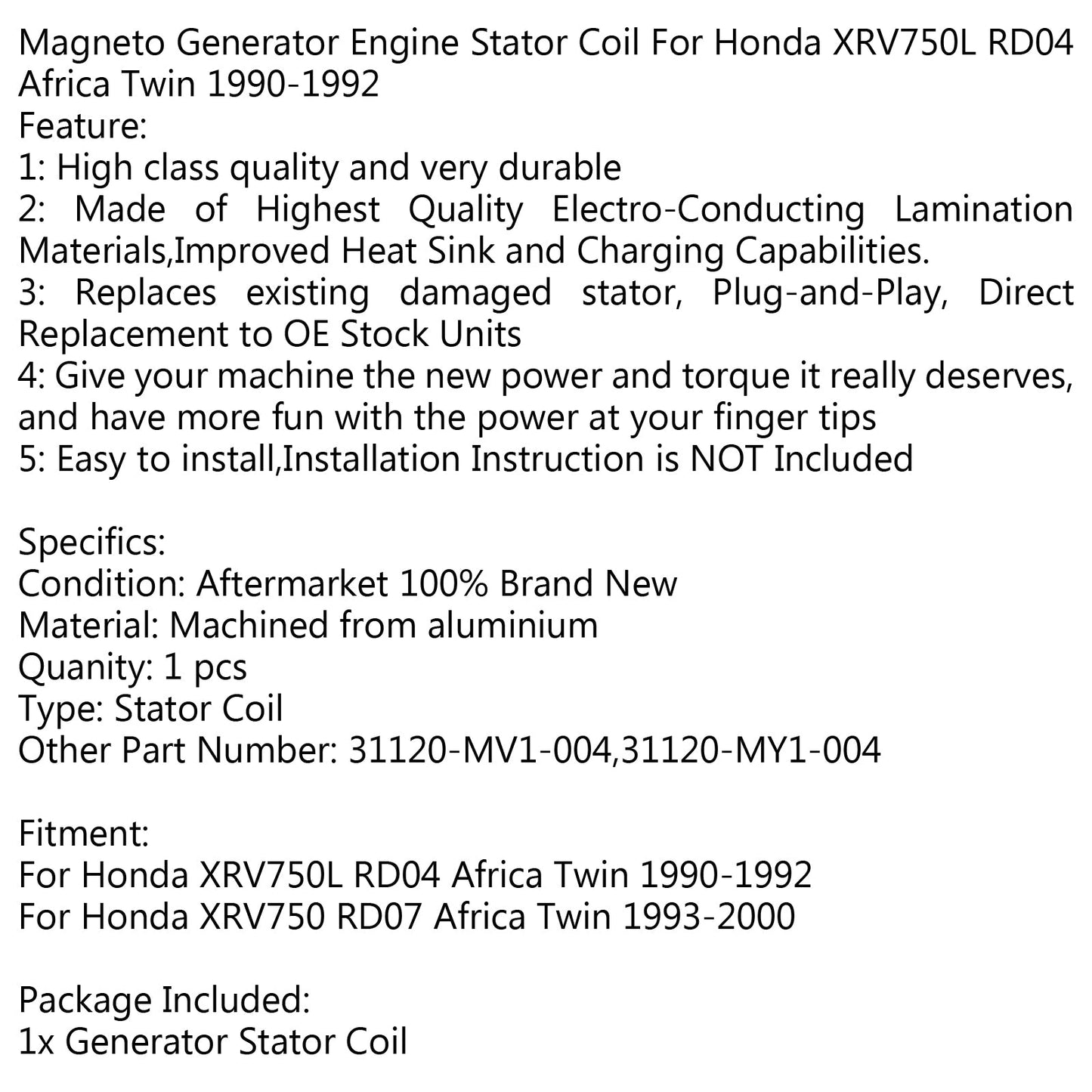 Generator Stator Coil 31120-My1-004 für Honda XRV750L RD04 Afrika Twin (90-92) Generika