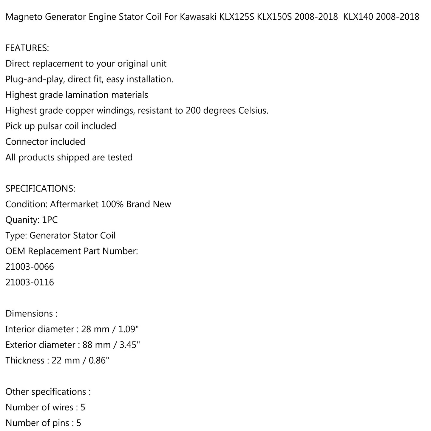 Magnetgenerator Statorspule für Kawasaki KLX125S KLX150S KLX140 L A G 08-18 Generikum