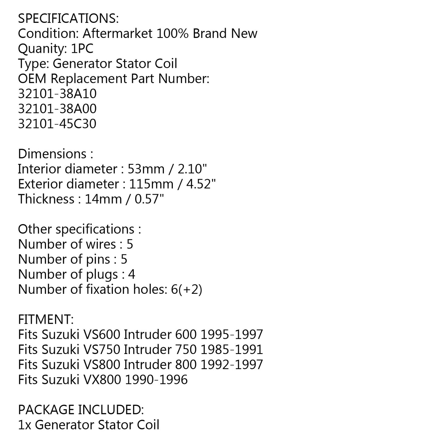 Bobine de Stator de générateur d'aimant pour Suzuki VS600 VS750 VS800 Intruder VX800 90-97 générique