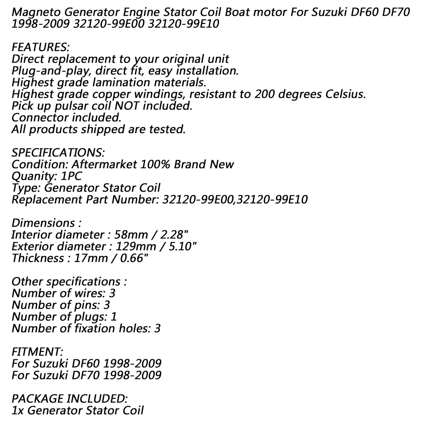 Bobine de charge de batterie de stator hors-bord 18 pôles pour Suzuki DF60 DF70 1998-2009 générique