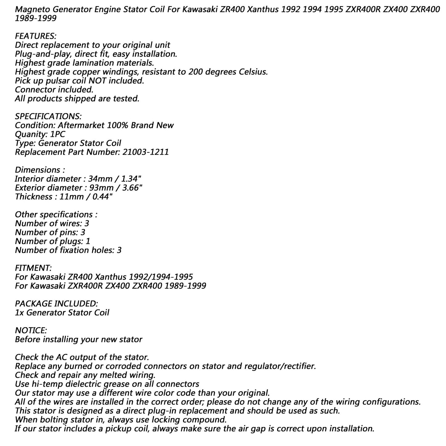 Lichtmaschinenstatatorspule für Kawasaki ZXR400R ZX400 ZXR400 ZR400 89-99 21003-1211 Generische Generika