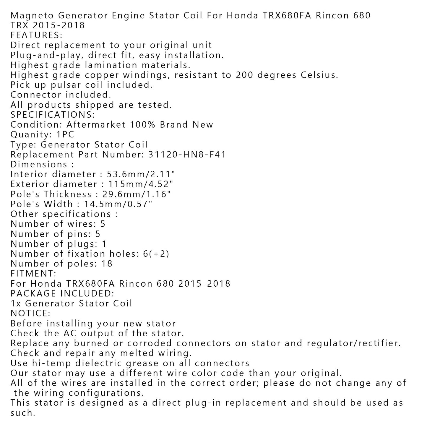 Statorgenerator fit für Honda 31120-HN8-F41 2015-2021 TRX680 FA RINCON Generic
