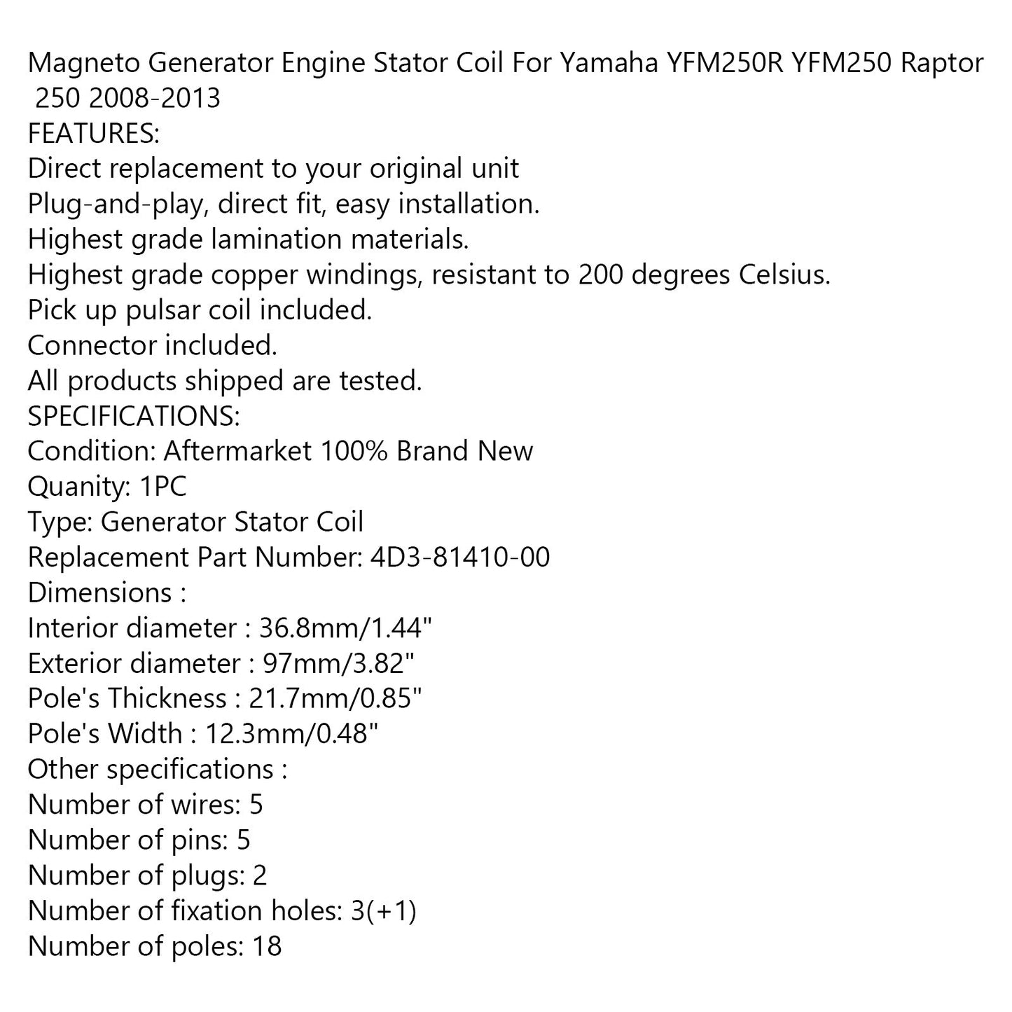 Generator Stator für Yamaha Raptor 250 YFM250 YFM250R 2008-2013 4D3-81410-00 Generika