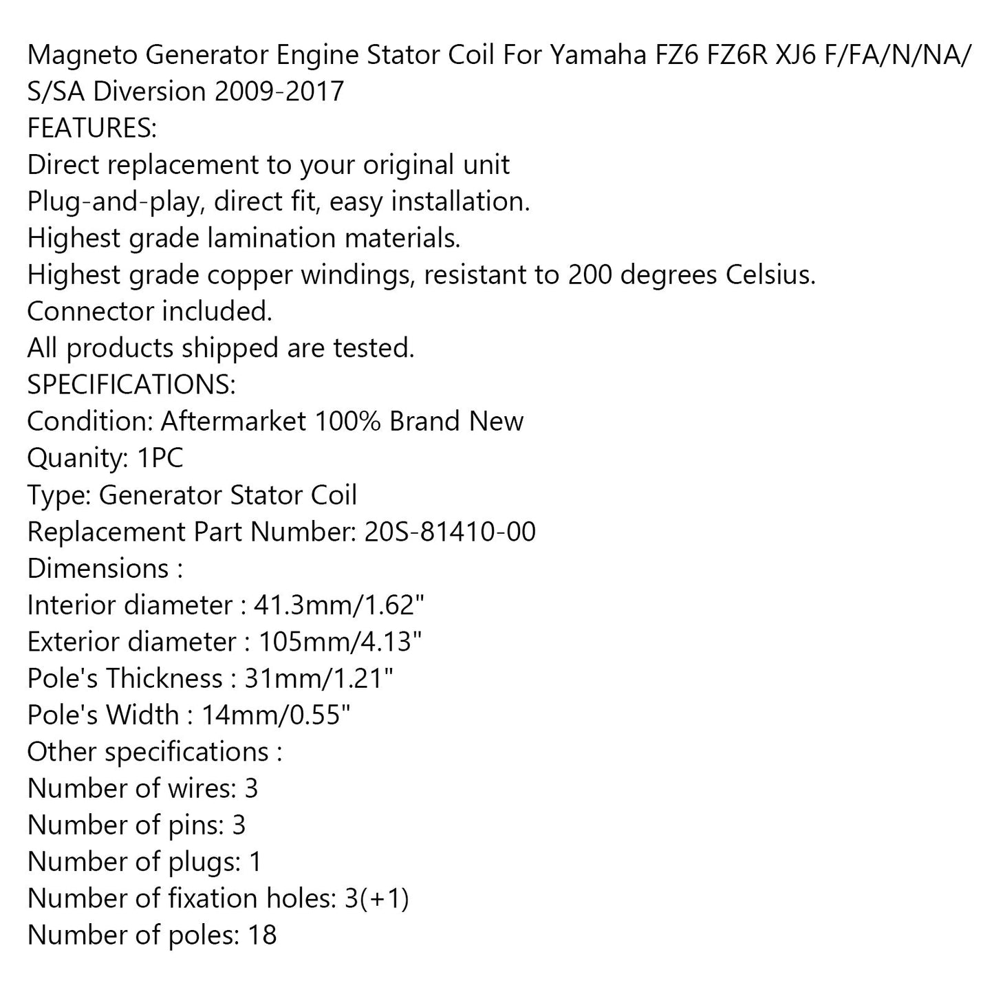 Generator Stator für Yamaha xj6 xj6f xj6n xj6s Umleitung 09-17 20S-81410-00 Generikum