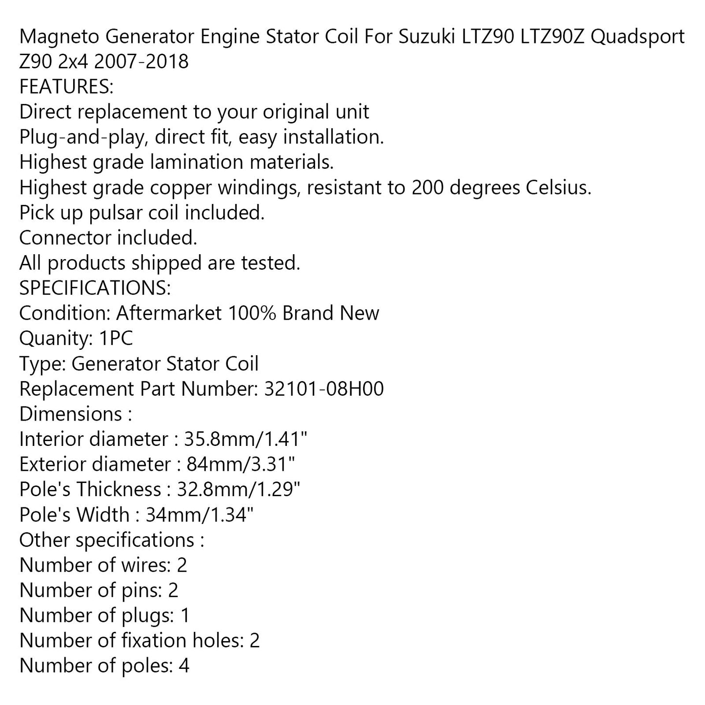 Generator Stator für Suzuki LTZ90 LTZ90Z QuadSport Z90 2x4 07-18 32101-08H0 Generikum
