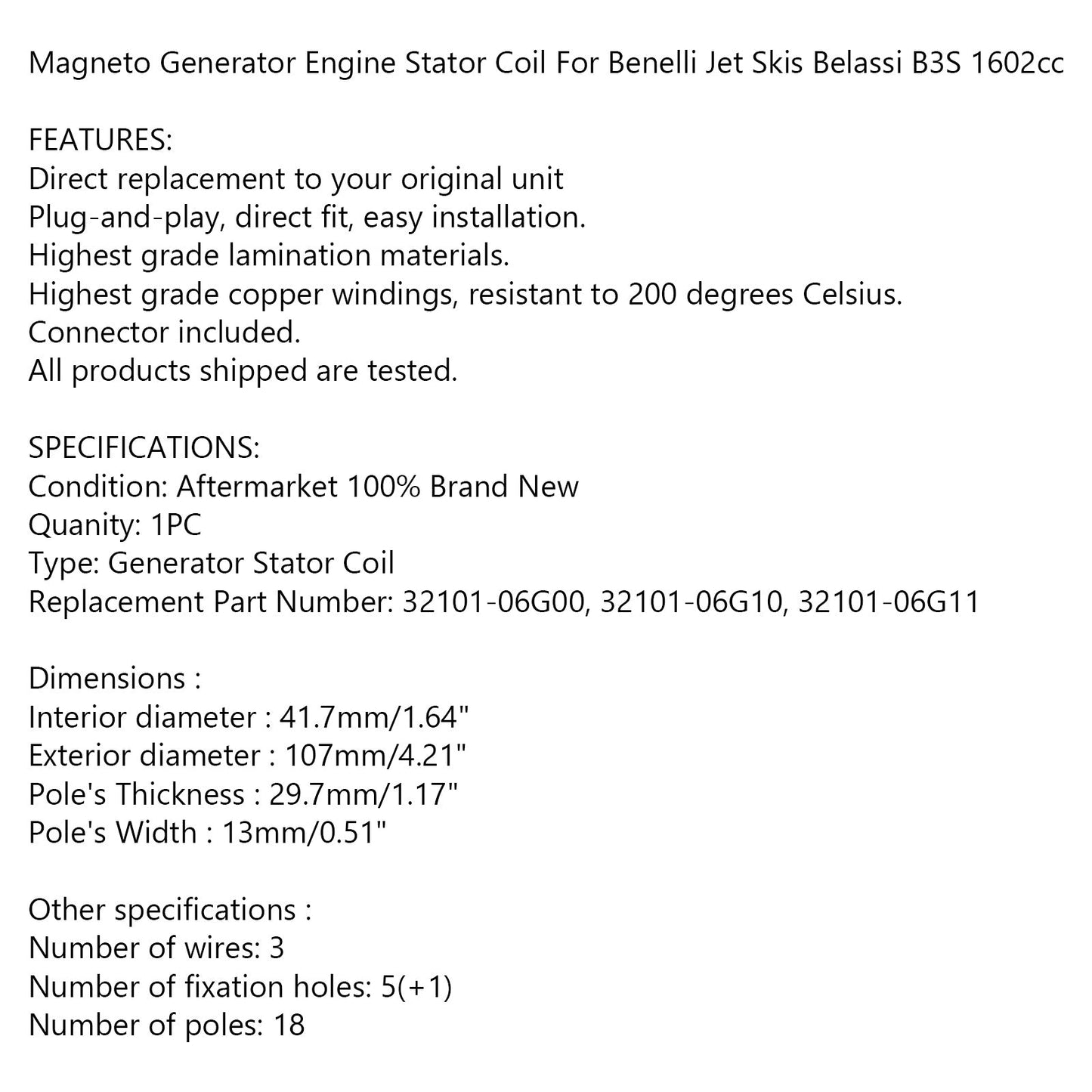 Generator Stator Coil 18 Stangen für Jet Ski Benelli Belassi B3S 1602cc Generic Generic