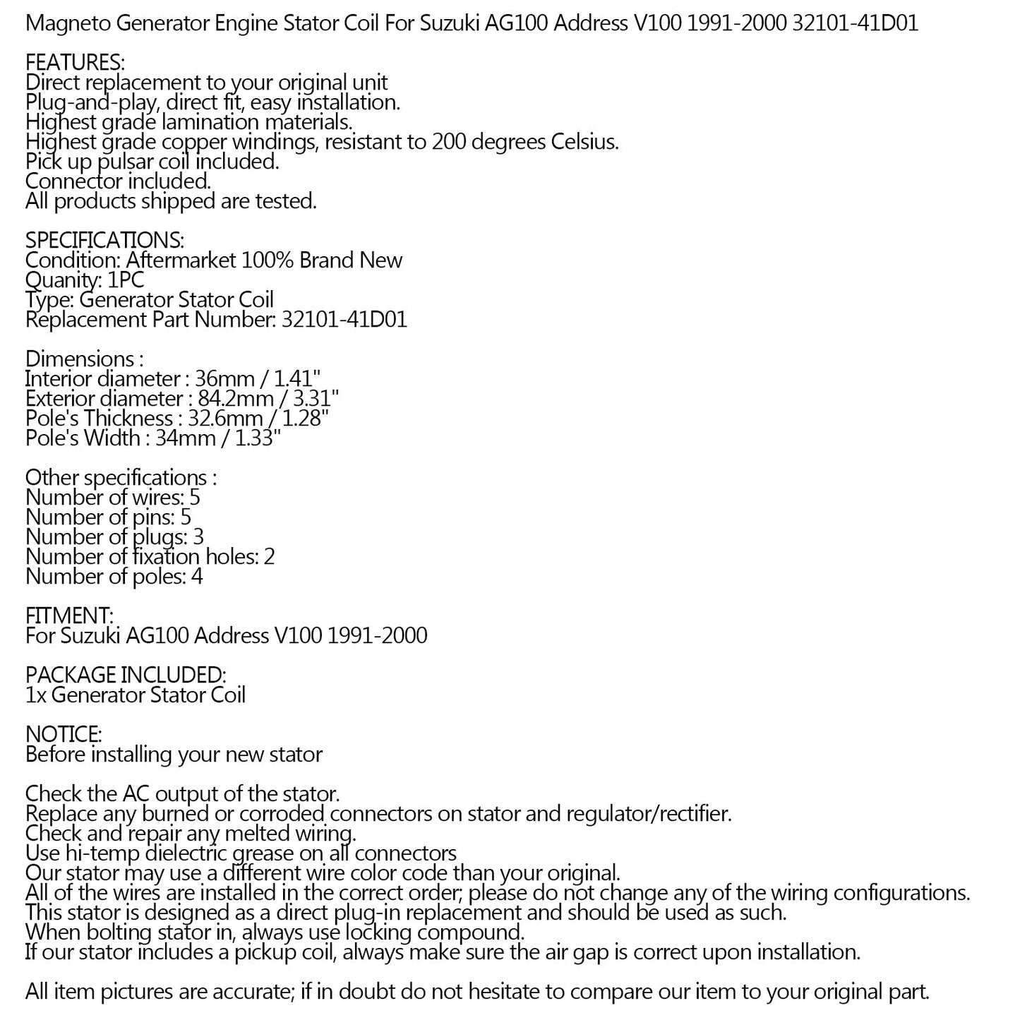 Magneto-Statorspule für Suzuki Ag100 Adresse V100 1991-2000 Ref.32101-41D01 Generic