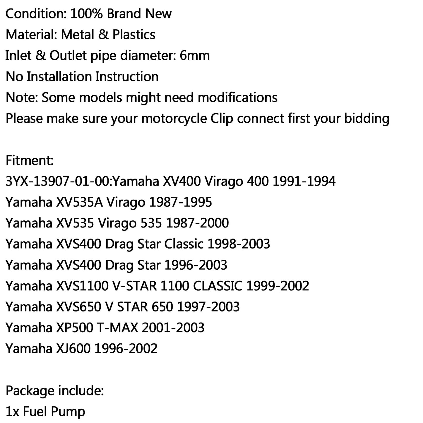 Pompe à essence pour Yamaha XVS650 V-Star 650 97-03 XVS400 1100 Classic XV535 1987-2000 générique
