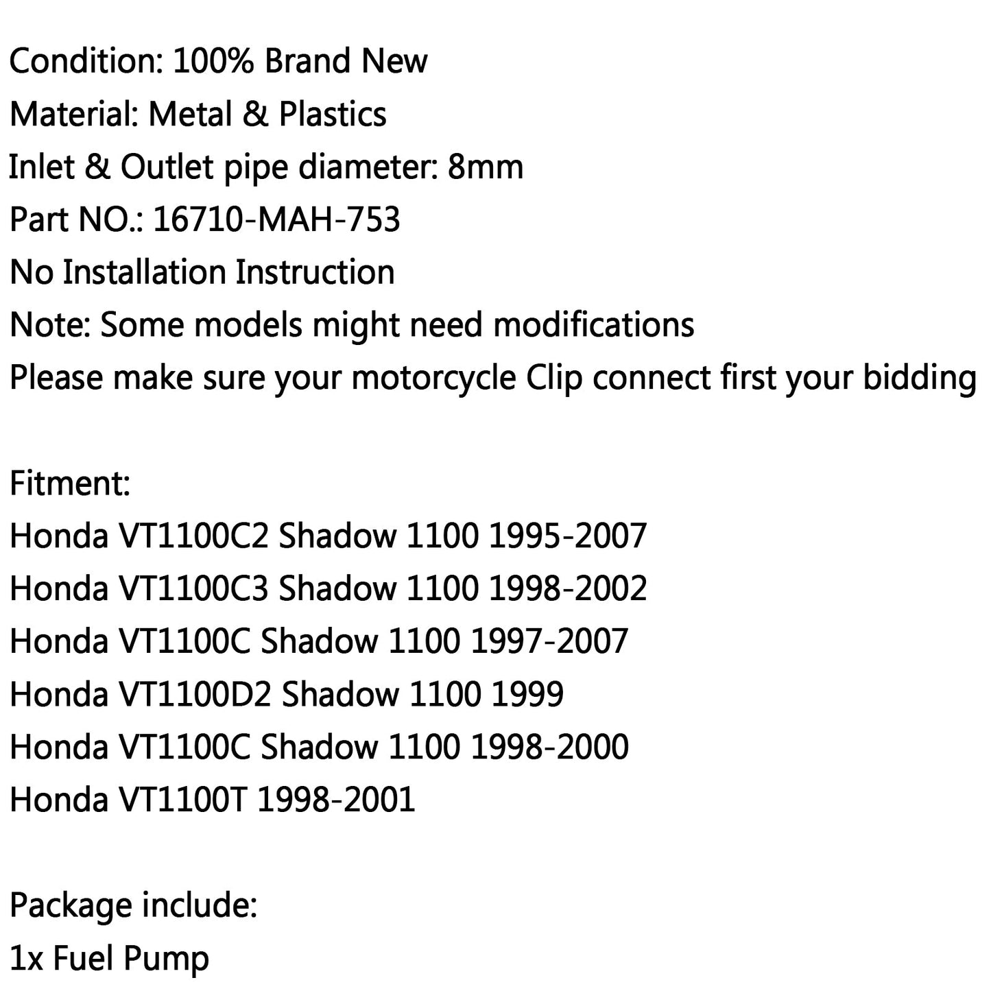 Neue Kraftstoffpumpe für Honda Shadow VT1100C VT1100C2 VT1100C3 1100 VT1100 1999 2002 Generic Generic