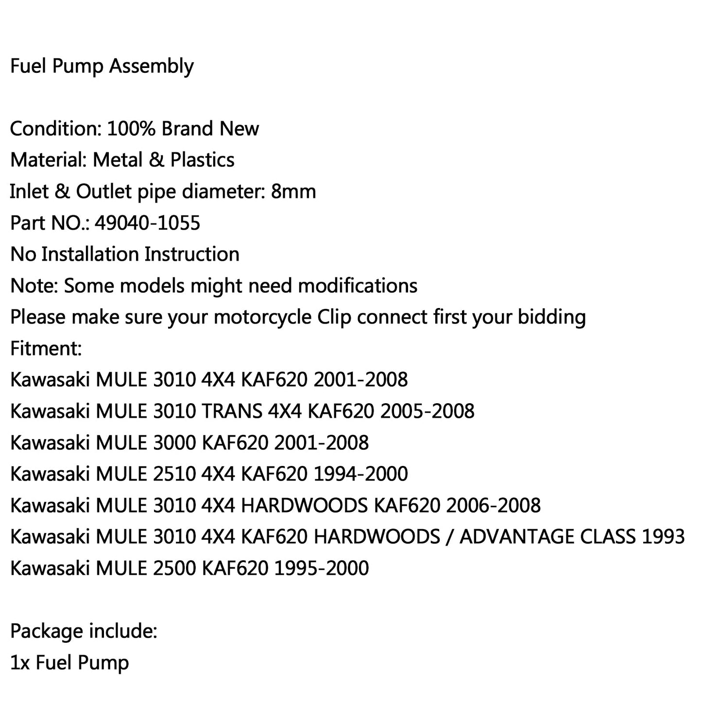 Pompe à essence pour Kawasaki KF620 Mule 3000 3010 4x4 KAF620 2500 2510 49040-1055 Générique