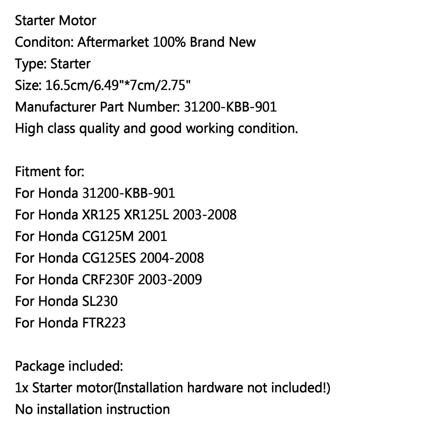 Motorstarter für Honda XR125 XR125L 03-08 CG125M 2001 CRF230F SL230 FTR223 Generic Generic