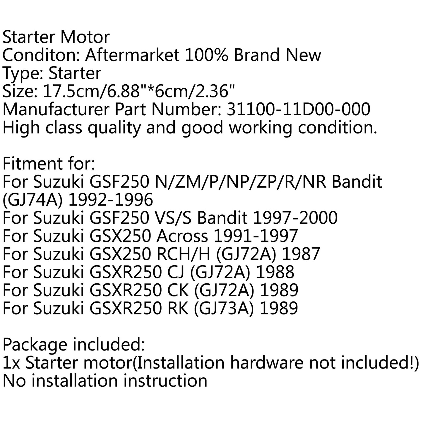 Démarreur moteur pour Suzuki GSF250 vs Bandit 1997-2000 GSX250 en 1991-1997 générique