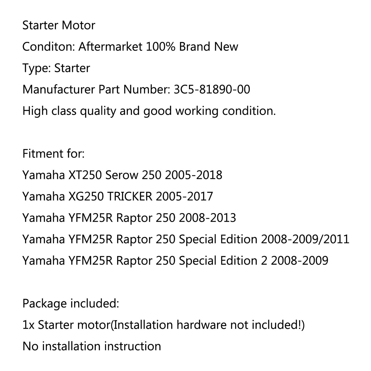 Démarreur moteur pour Yamaha YFM25R Raptor 250 2008-2013 édition spéciale 2 2008-2009 générique