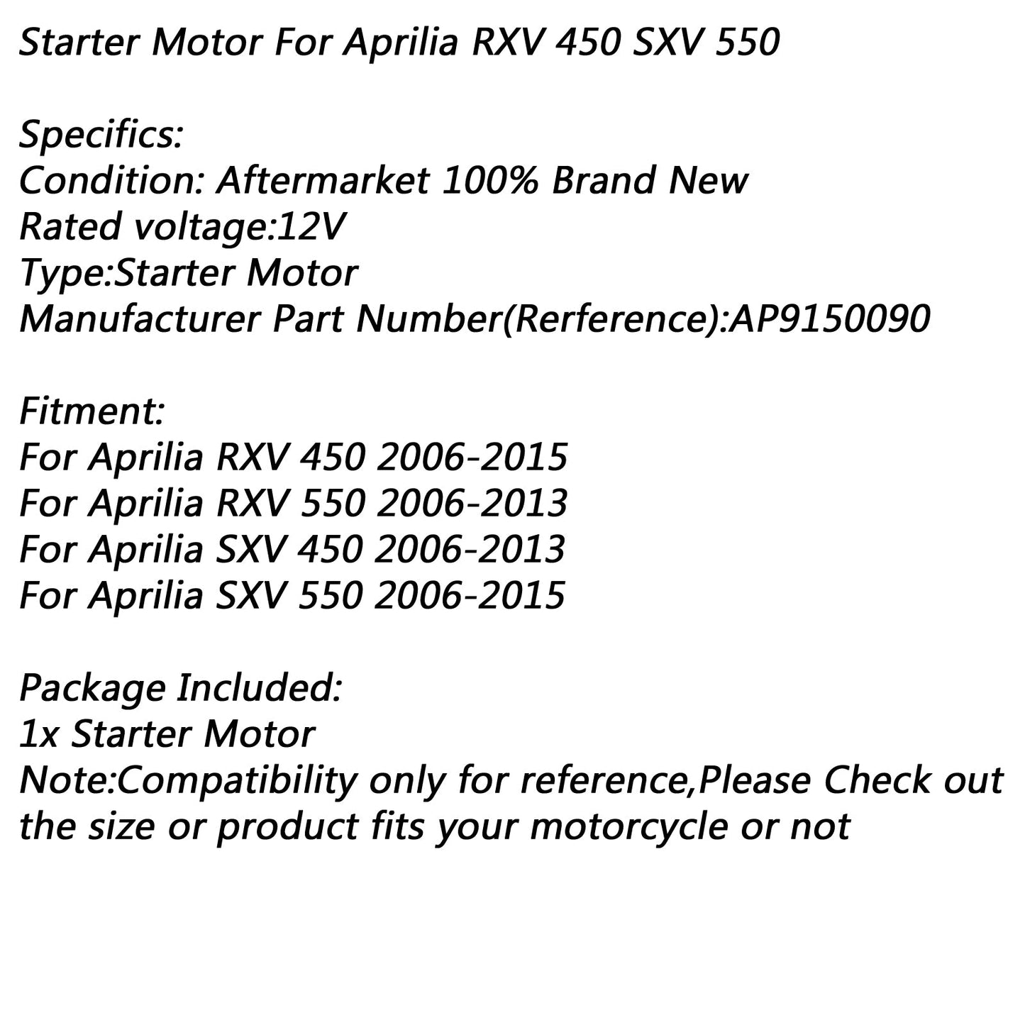 Démarreur électrique pour Aprilia RXV 450 2006-2015 RXV 550 2006-2013 SXV 450 Generic