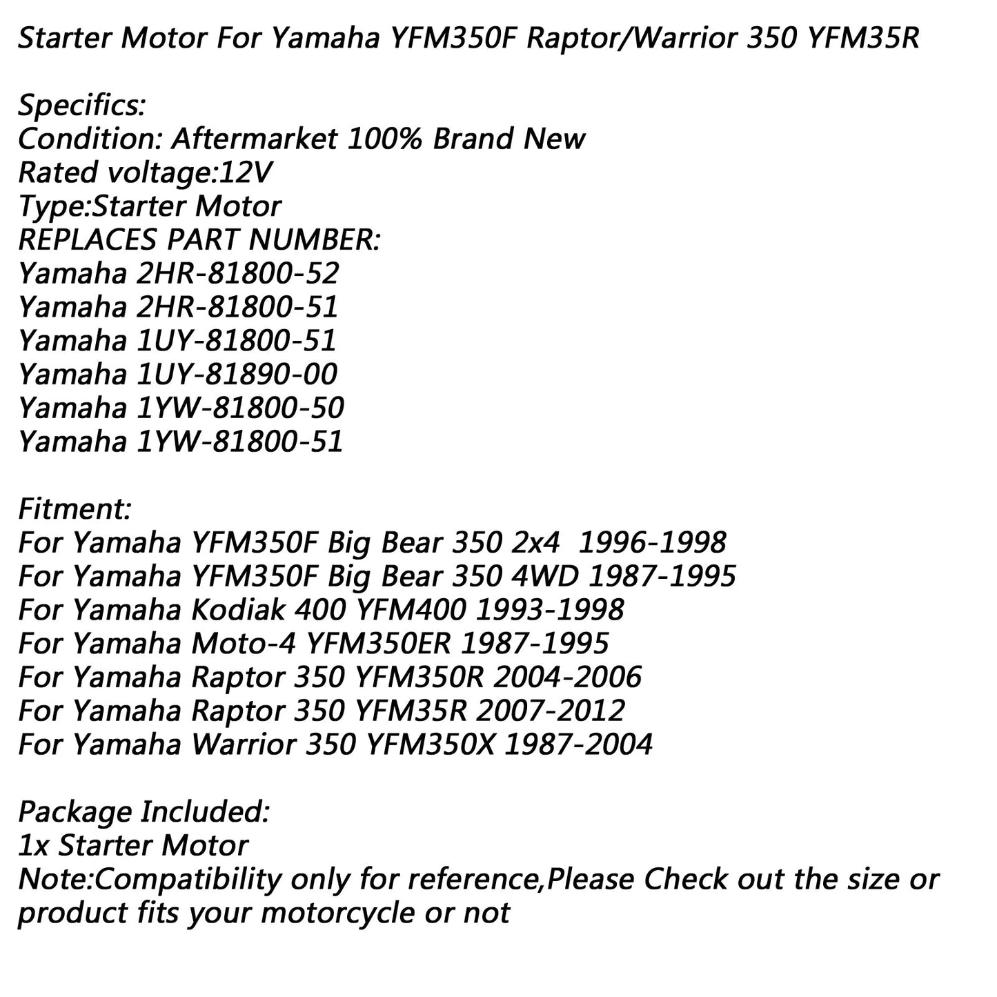 Elektrischer Startermotor für Yamaha YFM350f Big Bear 350 4WD YFM350R RAPTOR MOTO-4 Generic