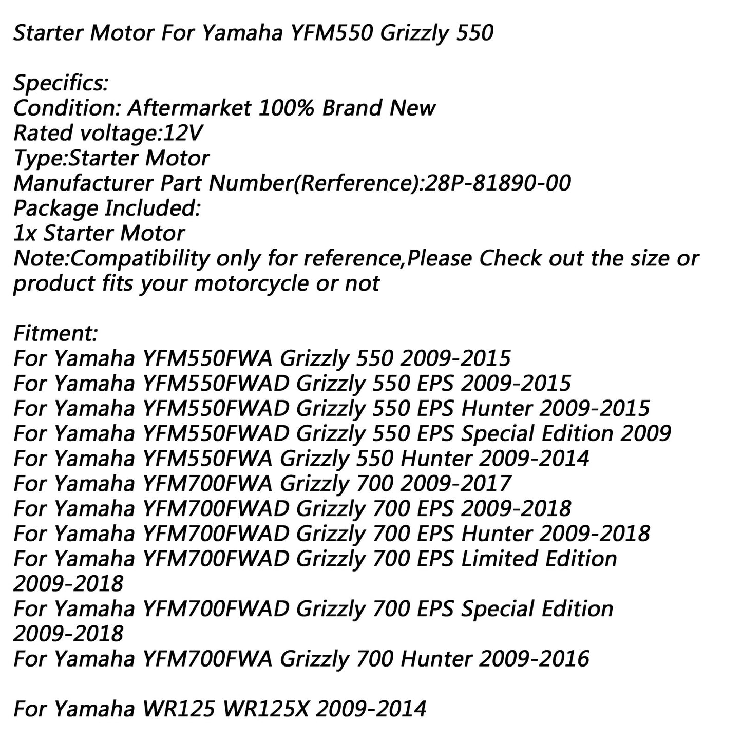 Elektrischer Startermotor für Yamaha YFM550fwa Grizzly 550 09-15 YFM700 EPS Hunter Generic