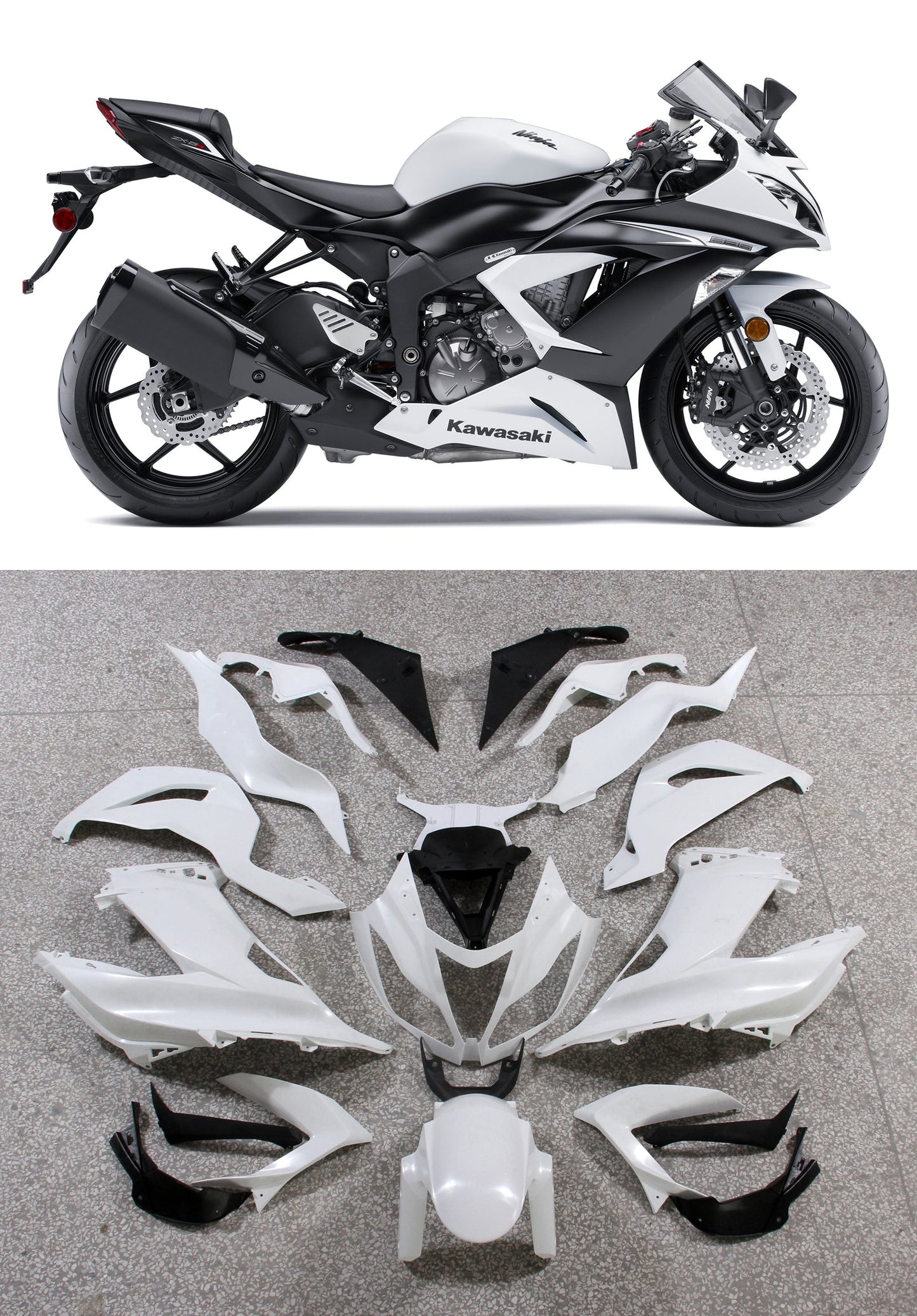 Kit de carénage Amotopart 2013-2018 Kawasaki ZX6R Blanc et Noir