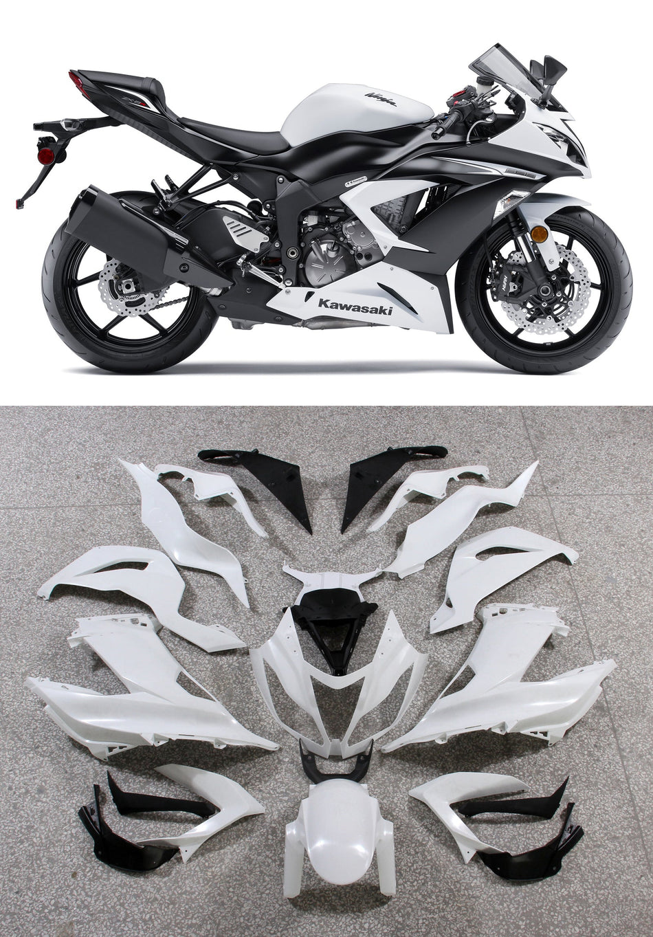 Amotopart 2013-2018 Kawasaki ZX6R Verkleidung White & Black Kit