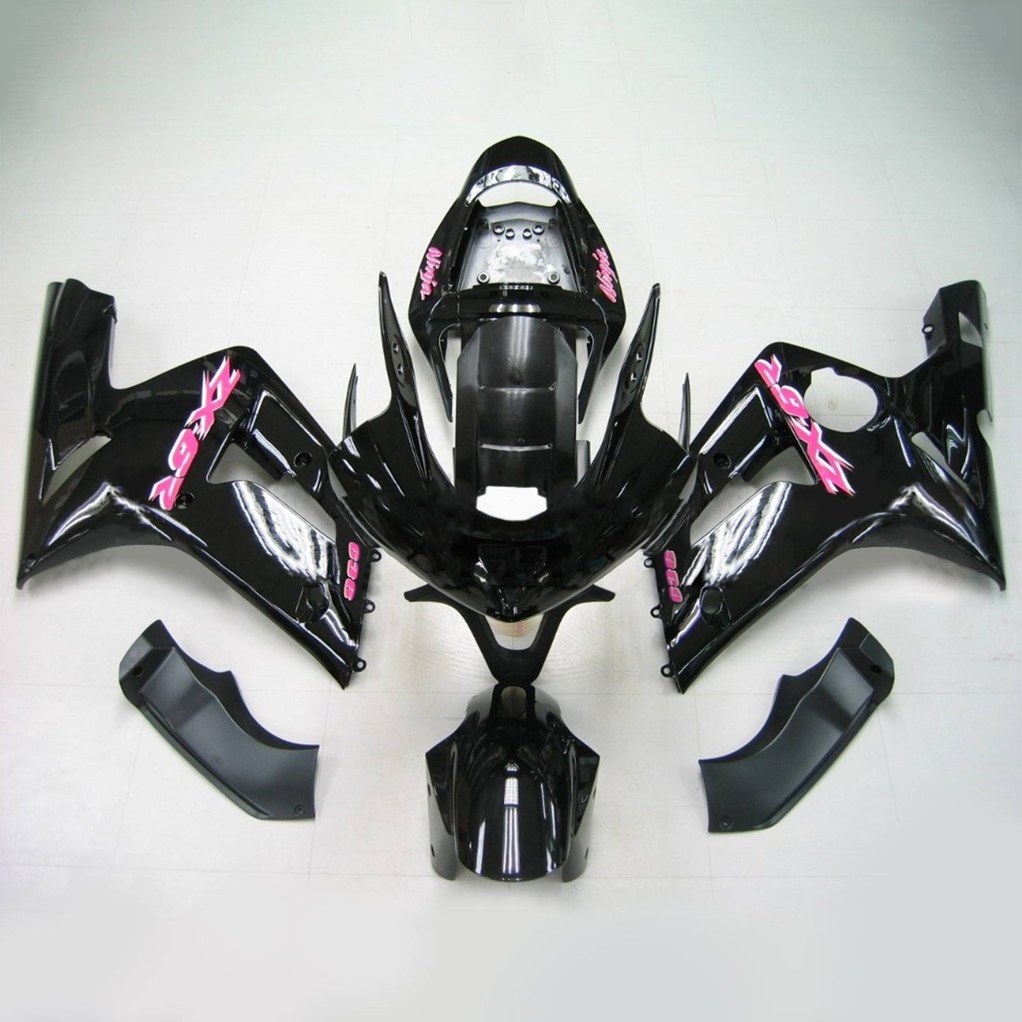 Amotopart 2003-2004 Kawasaki ZX6R 636 Schwarzverkleidungskit mit rosa Logo