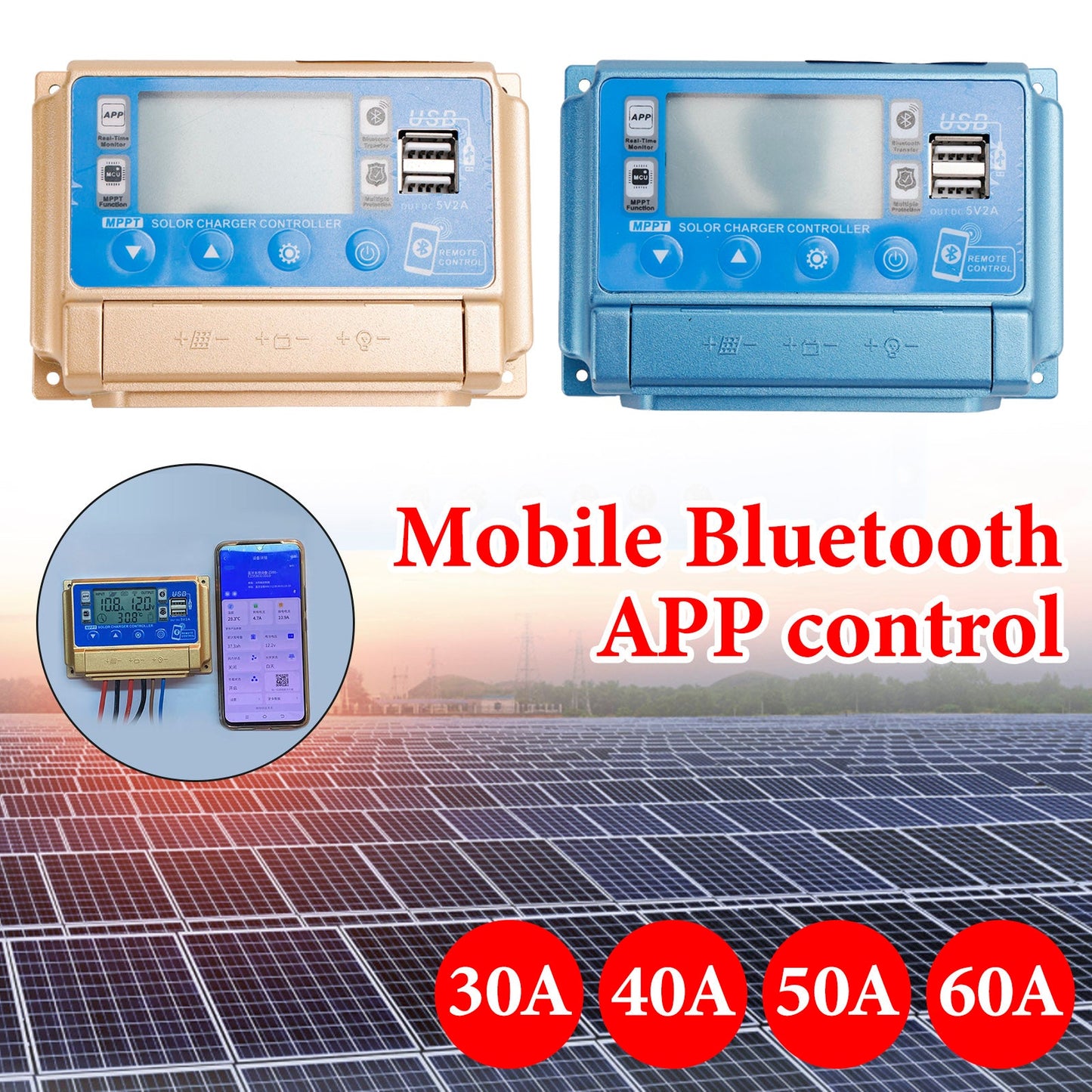 30A-60A MPPT Bluetooth APP Solarladeregler Ladegerät Passend für 12V-60V Batterie
