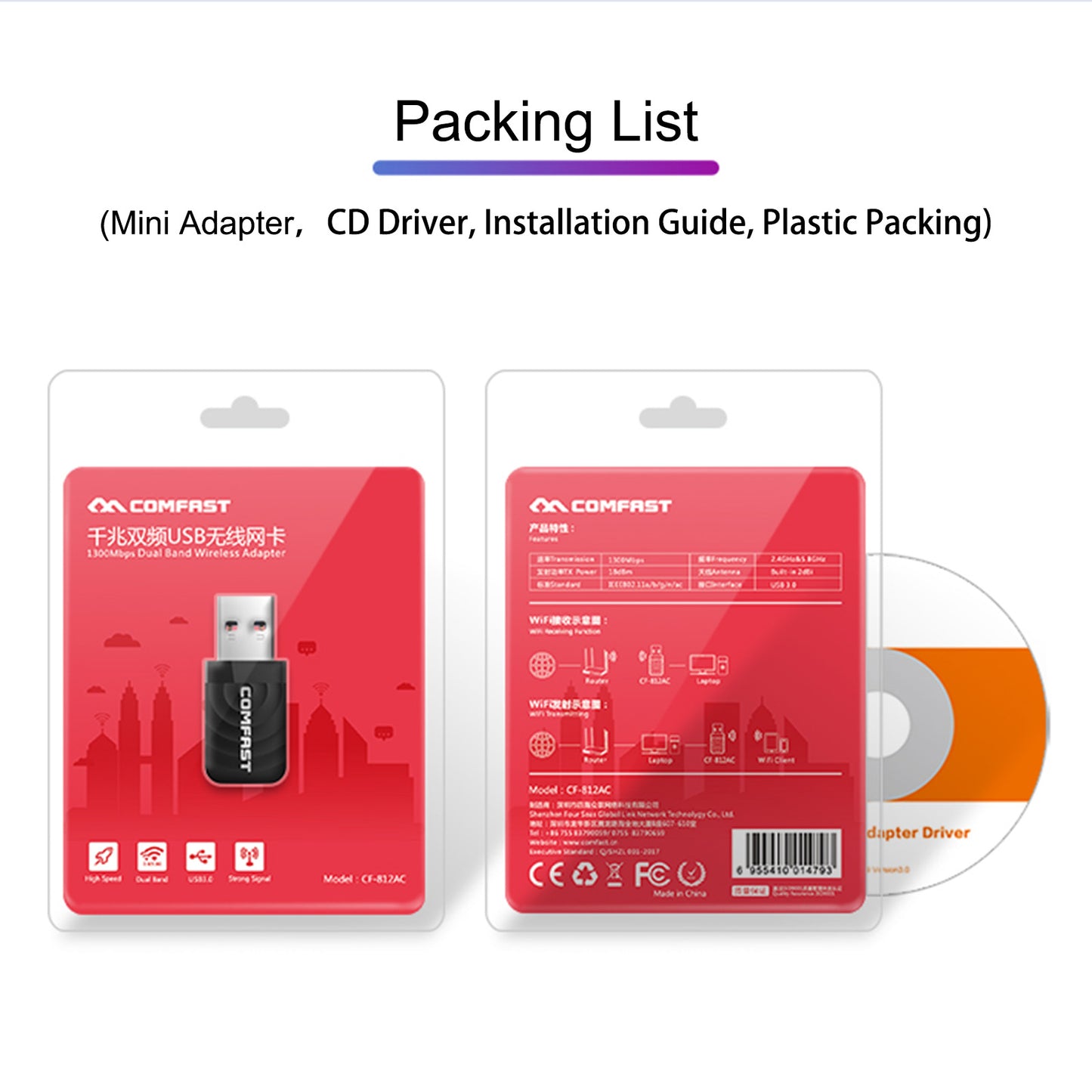 Émetteur et récepteur WiFi 1300 Mbit/s Adaptateur réseau USB Hotspot WiFi 2.4G/5G