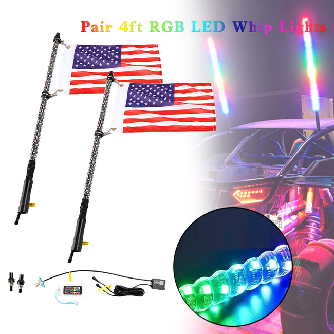 2X 4ft RGB LED APP Whip Lights Antenne mit Flaggen-Fernbedienung für Polaris UTV ATV