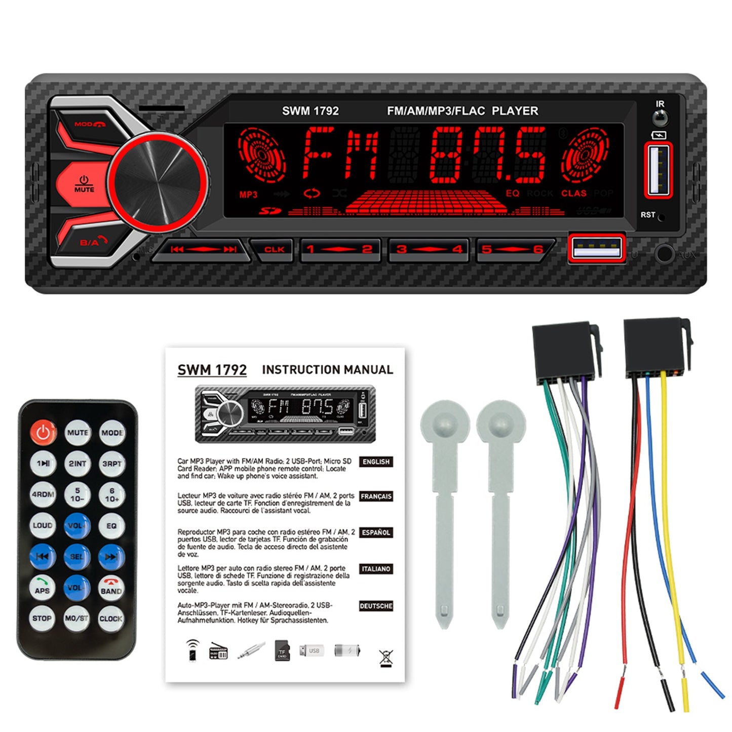 Dual-Bluetooth-Auto-Einzelspindel-Radio, bunte Musik, USB-Karte, Auto-MP3-Player