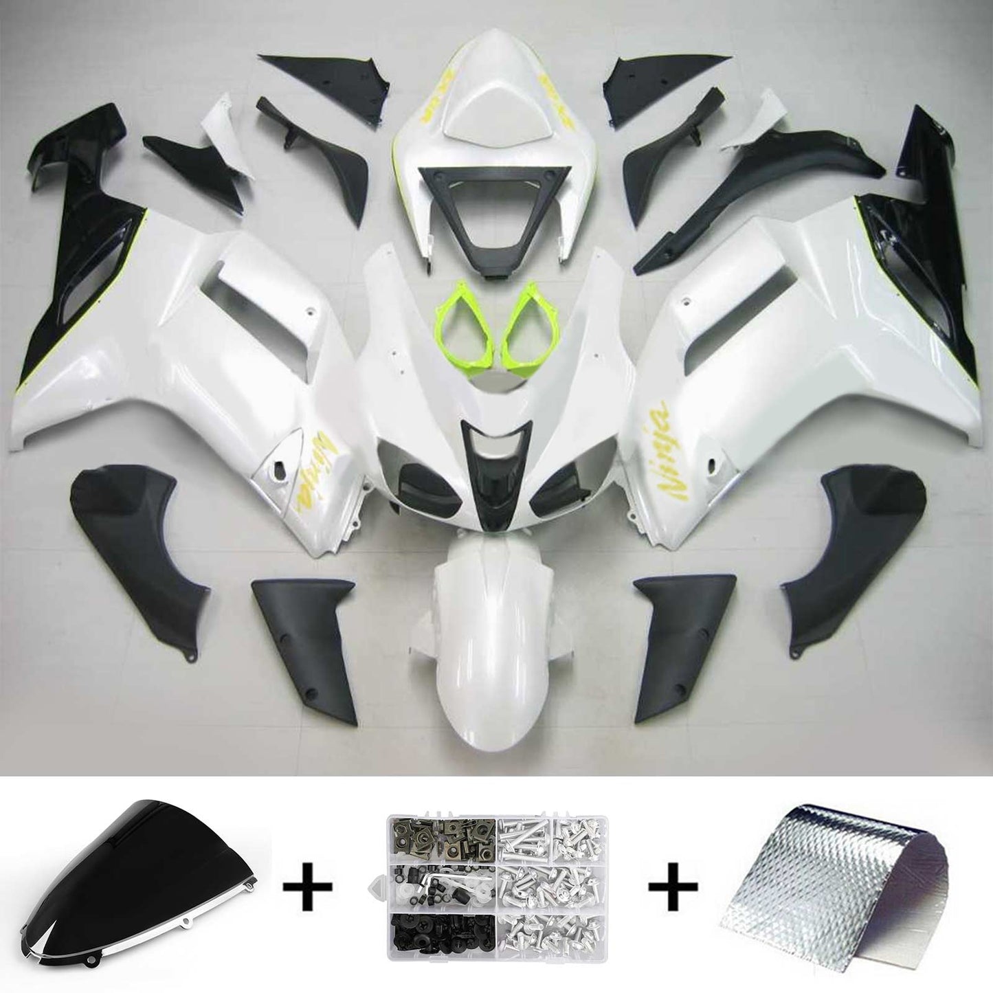 Amotopart Kawasaki 2007-2008 ZX6R 636 Blanc avec kit de vente logos jaunes