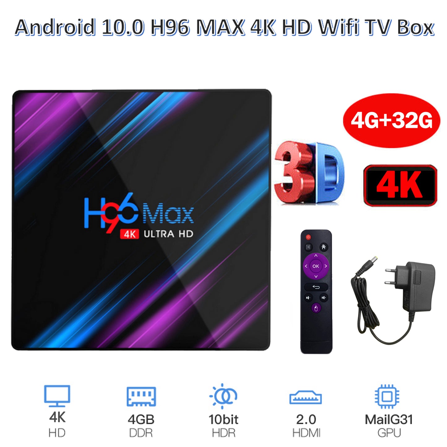 H96MAX Android 10 64GB ROM 4GB RAM 4K WIFI Network Media Player TV BOX EU Plug