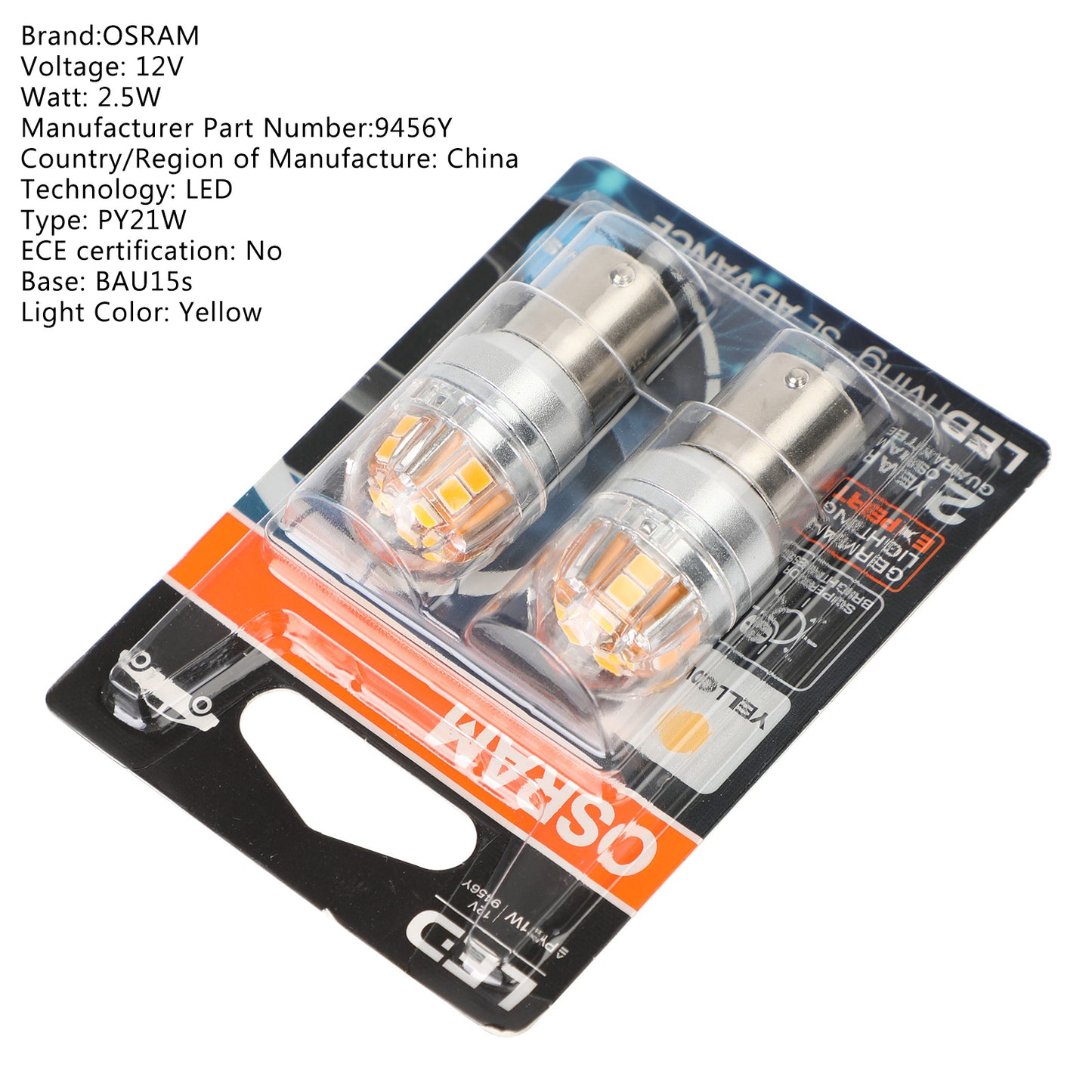 2x Für OSRAM 9456Y Car Auxiliary Bulbs LED PY21W 12V2.5W BAU15s